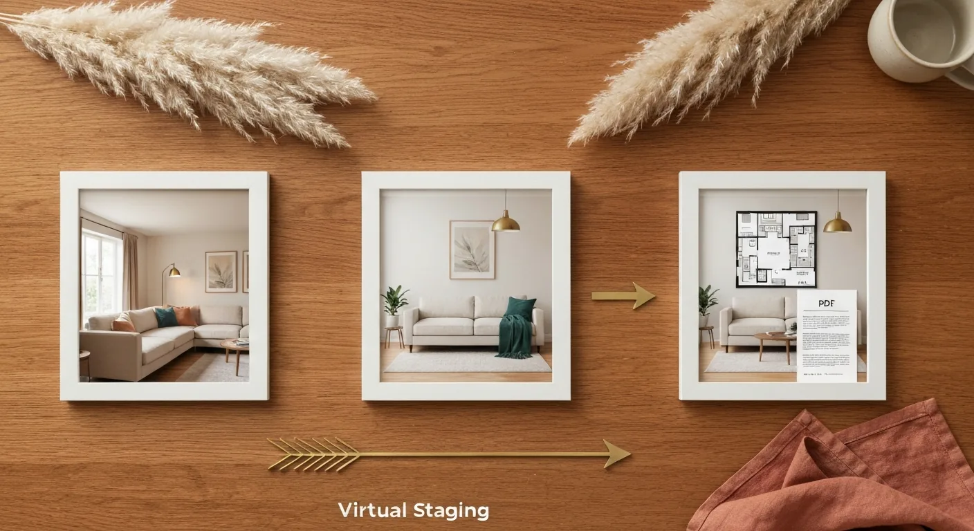 Three framed interior photographs arranged on warm oak wood showing the progression from Photo Pack to Virtual Staging to Full Listing Package, with brass arrow between frames
