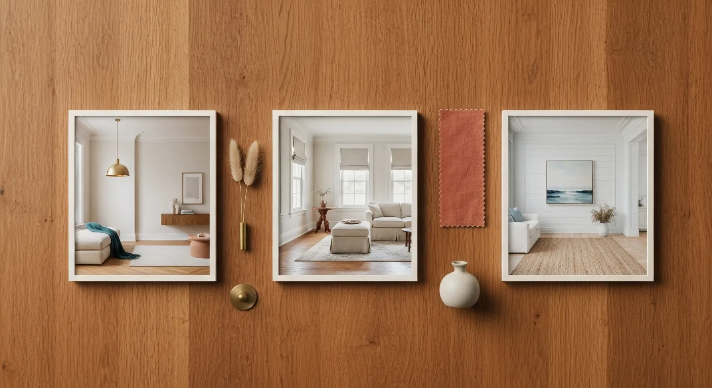 Editorial flat-lay of three interior style moodboards on warm oak with brand-color accent props
