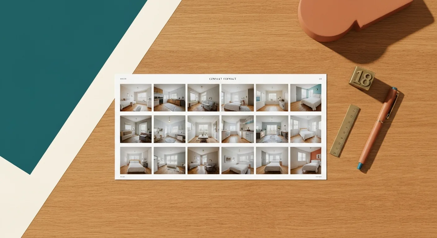 Editorial flat-lay on warm oak — printed contact sheet with 18 numbered listing photo thumbnails and brass 18 stamp, illustrating MLS photo count planning